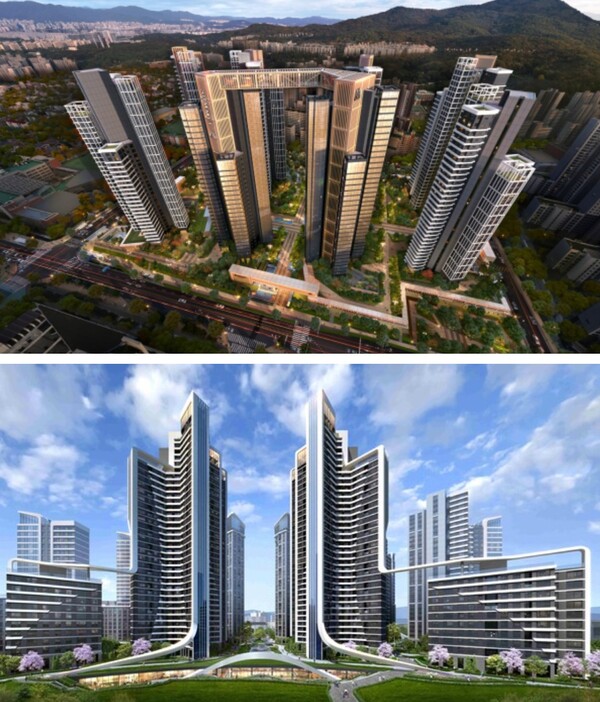 대우건설(상)과 삼성물산 건설부문(하)의 ‘개포우성7차’ 조감도. 대우건설/삼성물산