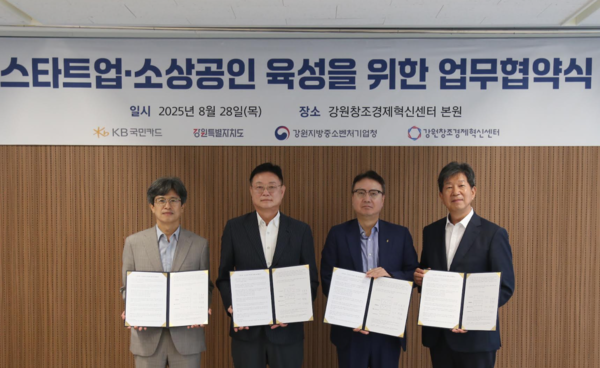 (왼쪽부터) 강원지방중소벤처기업청 박순홍 청장, 강원특별자치도 김만호 경제국장, KB국민카드 이호준 플랫폼사업그룹장, 강원창조경제혁신센터 이해정 대표. KB국민카드 제공.