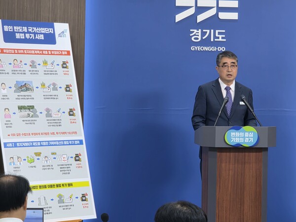 손임성 경기도 도시주택국장이 28일 오전 10시 30분 경기도청에서 기자회견을 열고 토지거래허가 구역인 용인 반도체 국가산업단지 일원에서 위장전입·기획부동산 등을 통해 부동산 불법 거래를 한 23명을 적발하고 검찰에 기소 의견으로 송치했다고 밝히고 있다.최휘경 기자.