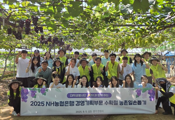 안성 포도농가를 찾은 농협은행 최동하 수석부행장(둘째줄 가운데)과 대학생봉사단 N돌핀 단원들. NH농협은행 제공.