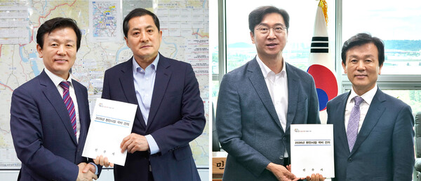 조규일 진주시장이 지난 4일 국회를 방문해 박대출 의원(왼쪽 사진)과 강민국 의원(오른쪽 사진)을 만나 지역 현안사업의 국비 반영을 건의하고 있다. 진주시 제공