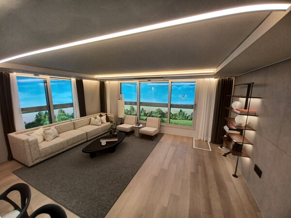 대우건설이 ‘망포역세권 복합개발사업’을 통해 경기도 수원시 영통구 영통동 980-2번지 일원에 공급하는 주상복합 ‘망포역 푸르지오 르마크’의 100㎡B형 거실. 김태현 기자