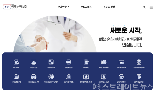 예별손해보험 홈페이지 화면.
