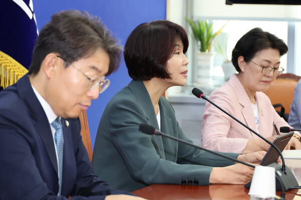 더불어민주당 한정애 정책위의장(가운데0이 14일 서울 여의도 국회에서 정부조직 개편 등 현안 관련 기자간담회를 하고 있다. 연합뉴스. 