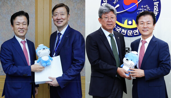 조규일 시장이 이상철 항우연 원장(왼쪽)과 박장현 천문연 원장(오른쪽)을 만나 우주항공산업 발전에 협력하기로 했다.