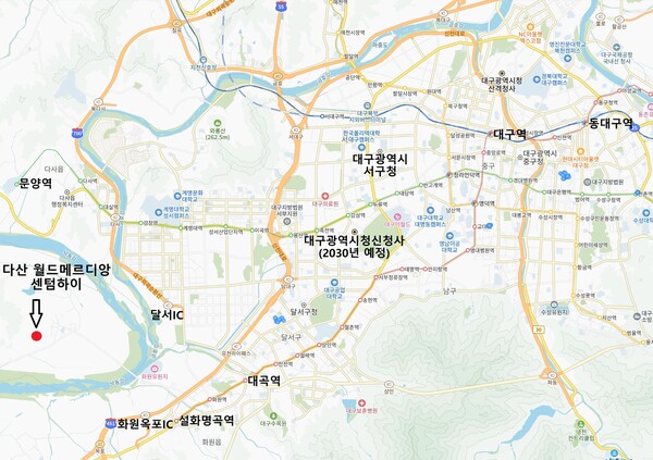 ㈜도시의꿈이 위탁하고, 은성산업·은성건설이 시공해 경상북도 고령군 다산면 좌학리 139-1번지 일원에 공급하는 ‘다산 월드메르디앙 센텀하이’의 입지. 17일 청약홈은 이 단지 일반공급 2순위 청약 접수 결과, 461가구 모집에 4명이 지원하며 청약 종료했다고 밝혔다. 김태현 기자