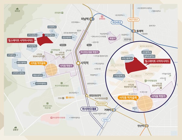 현대건설이 부산광역시 동래구 사직2동 630번지 일원(사직 1-6지구 재건축)에 선보이는 ‘힐스테이트 사직 아시아드’의 입지. 현대건설