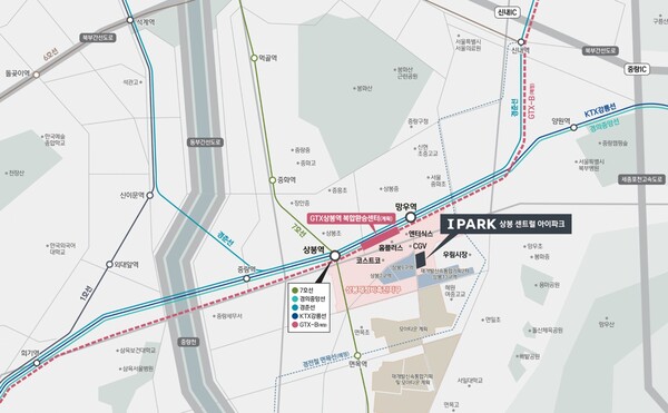 HDC현대산업개발이 서울특별시 중랑구 망우동 506-1번지 상봉재정비촉진지구 9-1구역(구. 이마트 상봉점 부지) 일원에 공급하는 ‘상봉 센트럴 아이파크’의 입지. HDC현대산업개발