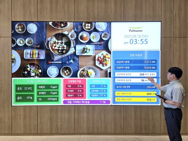풀무원기술원 담당자가 기술원 로비에 설치된 에너지 사용 현황판을 소개하고 있다. LG전자 제공