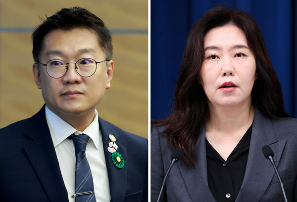 김남준 대통령실 신임 대변인(왼쪽), 강유정 대변인. 연합뉴스. 