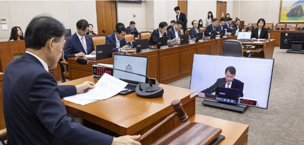 윤한홍 국회 정무위원회 위원장이 지난 29일 국회에서 열린 정무위 전체 회의에서 2025년도 국정감사 증인 등 출석요구의 건을 처리하고 있다. 연합뉴스 제공