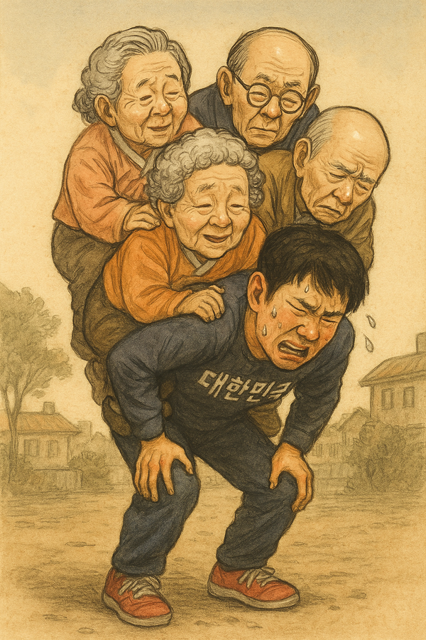                                        한 청년이 노인 여러명을 등에 업고 힘들어하는 모습. 생성형AI로 제작한 이미지.