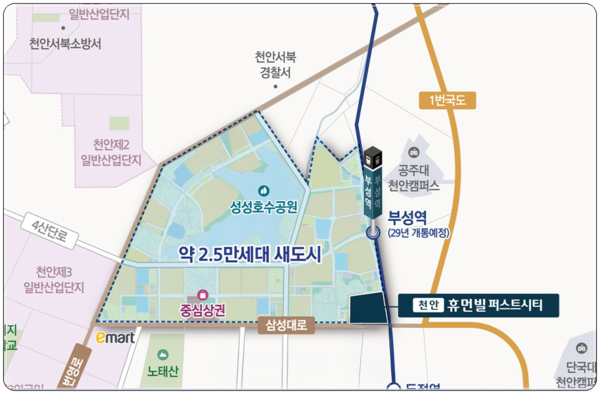 일신건영이 천안 서북구 성성생활권에서 분양 중인 '천안 휴먼빌 퍼스트시티'의 입지와 강점. (일신건영 제공)