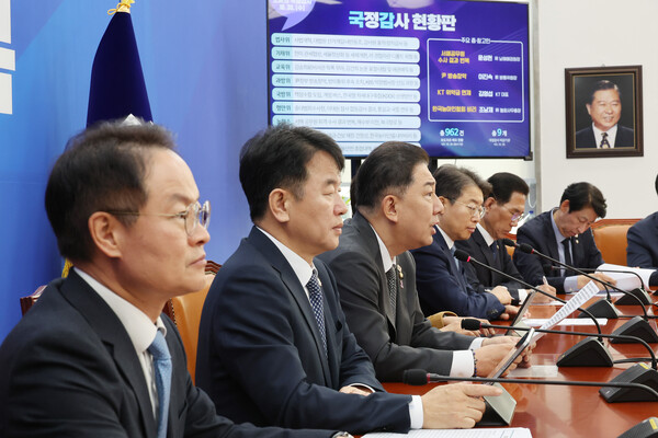 더불어민주당 김병기 원내대표가 30일 국회에서 열린 국정감사 대책회의에서 발언하고 있다. 연합뉴스. 