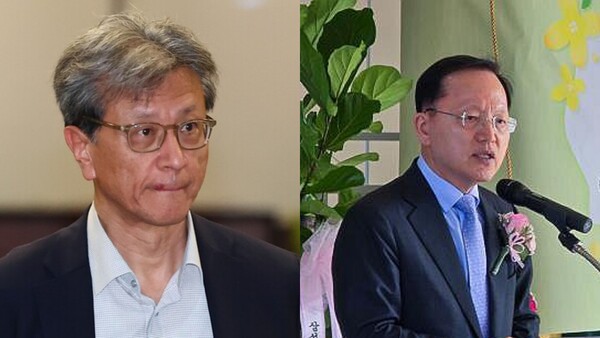 삼성전자 정현호 부회장(왼쪽)과 신임 사업지원실장 박학규 사장. 연합뉴스