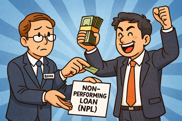 은행원으로부터 부실채권을 헐값에 넘겨받고 좋아하는 모습. 생성형AI로 제작.