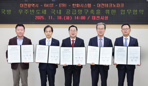 18일 이장우 시장이 KAIST, 한국전자통신연구원(ETRI), 한화시스템, 대전테크노파크와 국방‧우주반도체 국내 공급망 구축을 위한 업무협약을 체결 후 기념 촬영을 하고 있다.  왼쪽부터 김우연 대전테크노파크 원장, 이광형 KAIST 총장, 이장우 대전시장, 방승찬 ETRI 원장, 손재일 한화시스템 대표. 대전시 제공.