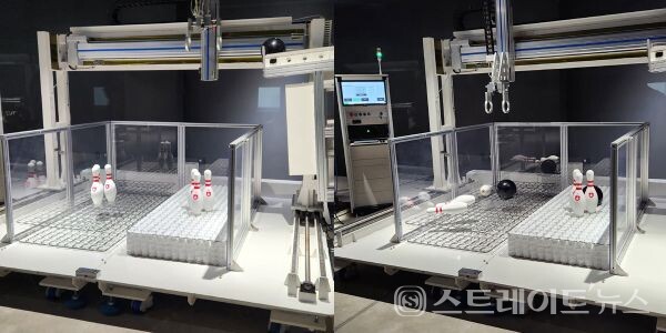 1990년대 ‘볼링공 광고’로 널리 알려진 낙하 충격 테스트. 왼쪽 사진처럼 볼링핀이 서 있는 상태에서 볼링공을 떨어뜨리자 오른쪽 사진과 같이 시몬스 포켓 스프링 매트리스는 볼링핀이 그대로 서 있는 반면 왼쪽 매트리스는 진동에 의해 볼링핀이 쓰러졌다. 박응서 기자