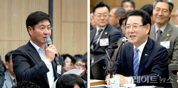 김영록 지사가 20일 해남군청 대회의실에서 열린 '해남군 정책비전 투어' 행사에서 정책현안에 대한 토론을 주재하고 참석자들의 정책제안 및 건의 등에 대한 질문에 답변을 하고 있다. 전남도