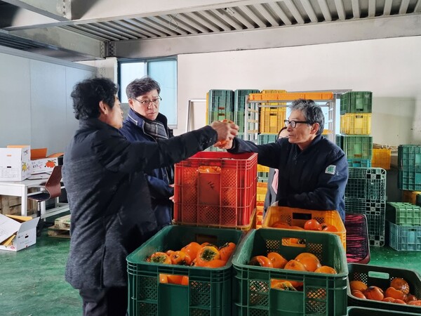 진병영 함양군수(가운데)가 서하면 곶감 생산 농가에서 작업 현장을 살펴보고 있다. 함양군 제공